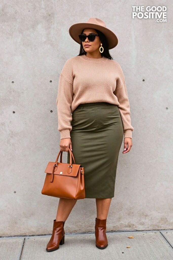 Dusty Apricot Sweater with Olive Bias-Cut Midi Skirt
