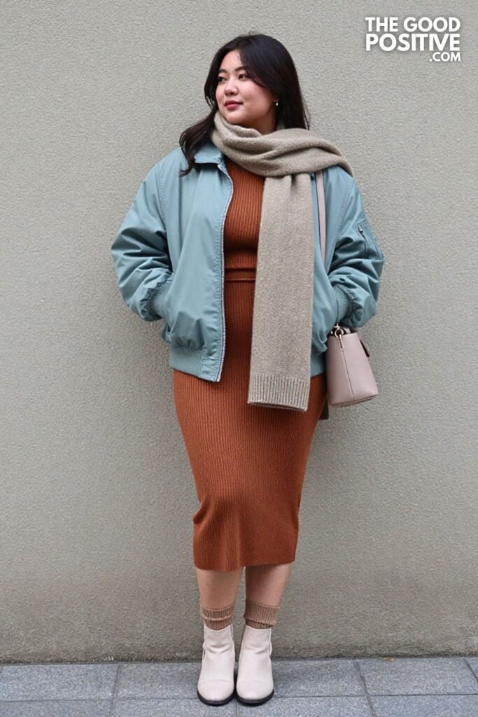 Dusty Aqua Bomber Jacket with Cinnamon Knit Midi Dress