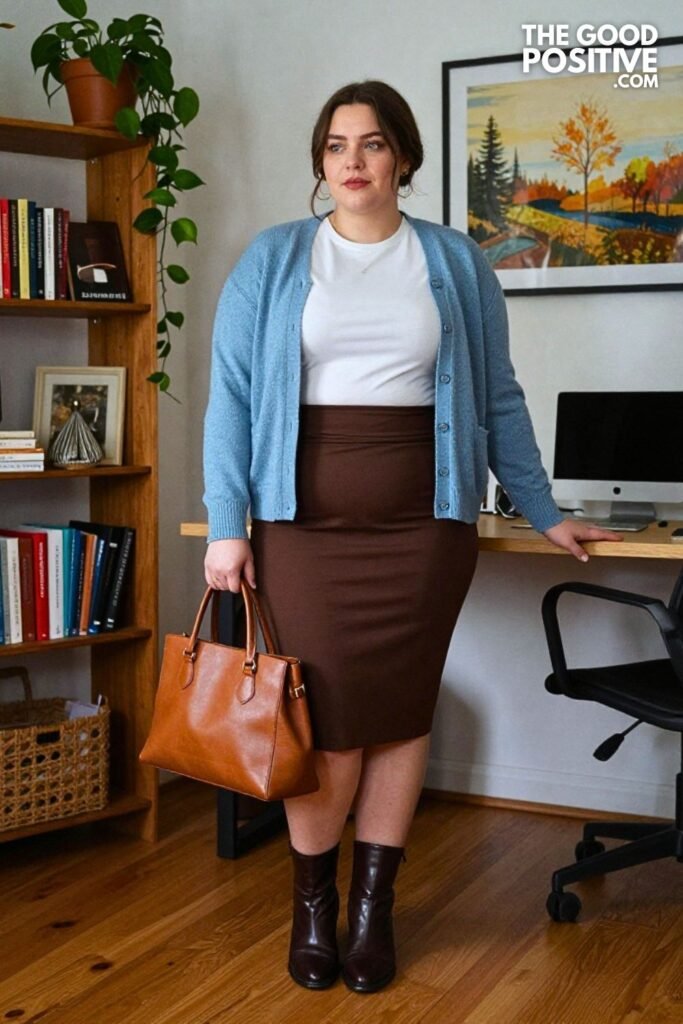 Dusty Blue Cardigan with Chocolate Pencil Skirt