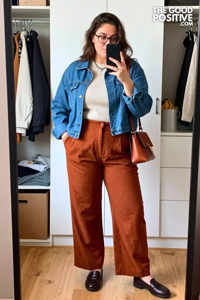 Dusty Blue Cropped Jacket with Rust Wide-Leg Trousers