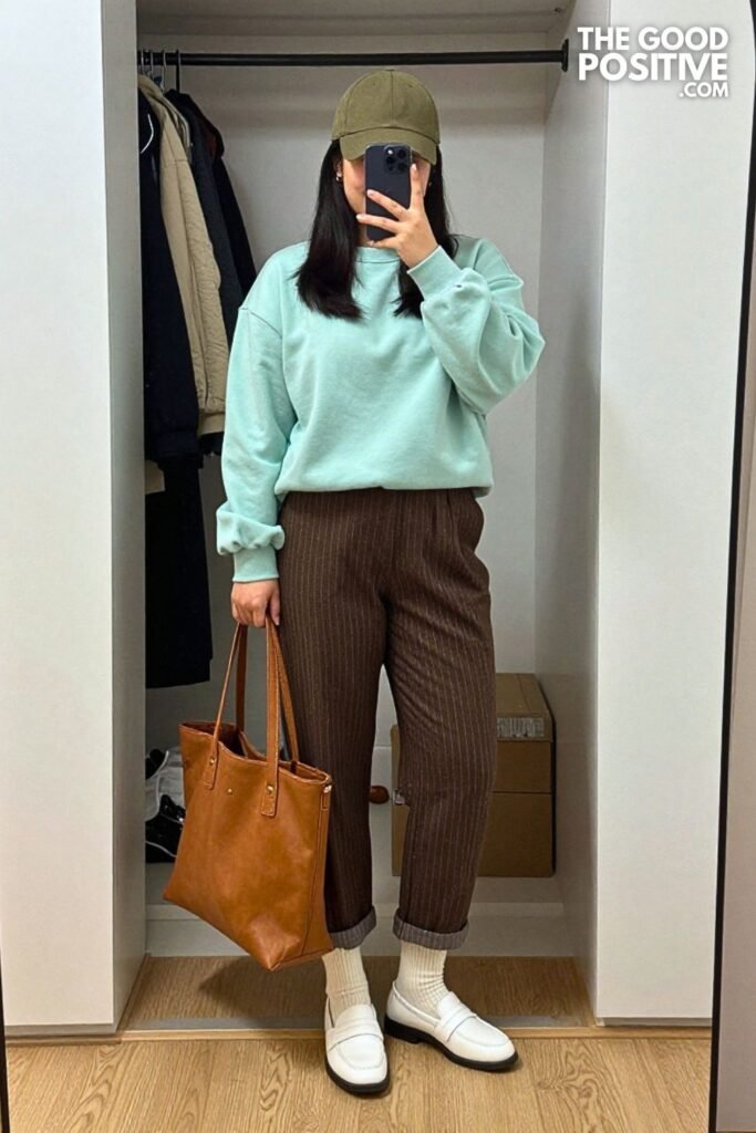 Dusty Mint Sweatshirt with Cocoa Pinstripe Trousers