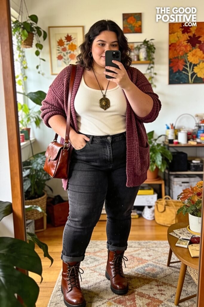 Dusty Plum Cardigan with Graphite Straight-Leg Jeans