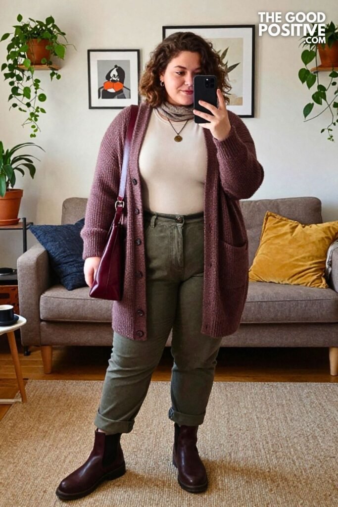 Dusty Plum Cardigan with Olive Sailor Jeans