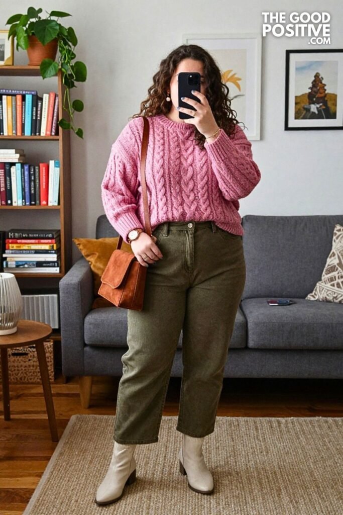 Dusty Rose Cable Sweater with Olive Barrel Jeans