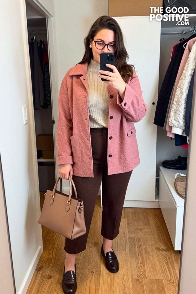 Dusty Rose Textured Jacket with Espresso Culotte Trousers