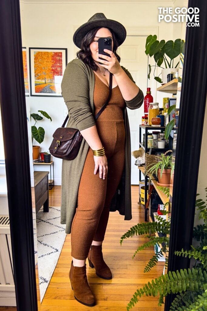 Dusty Sage Longline Cardigan with Mocha Knit Jumpsuit