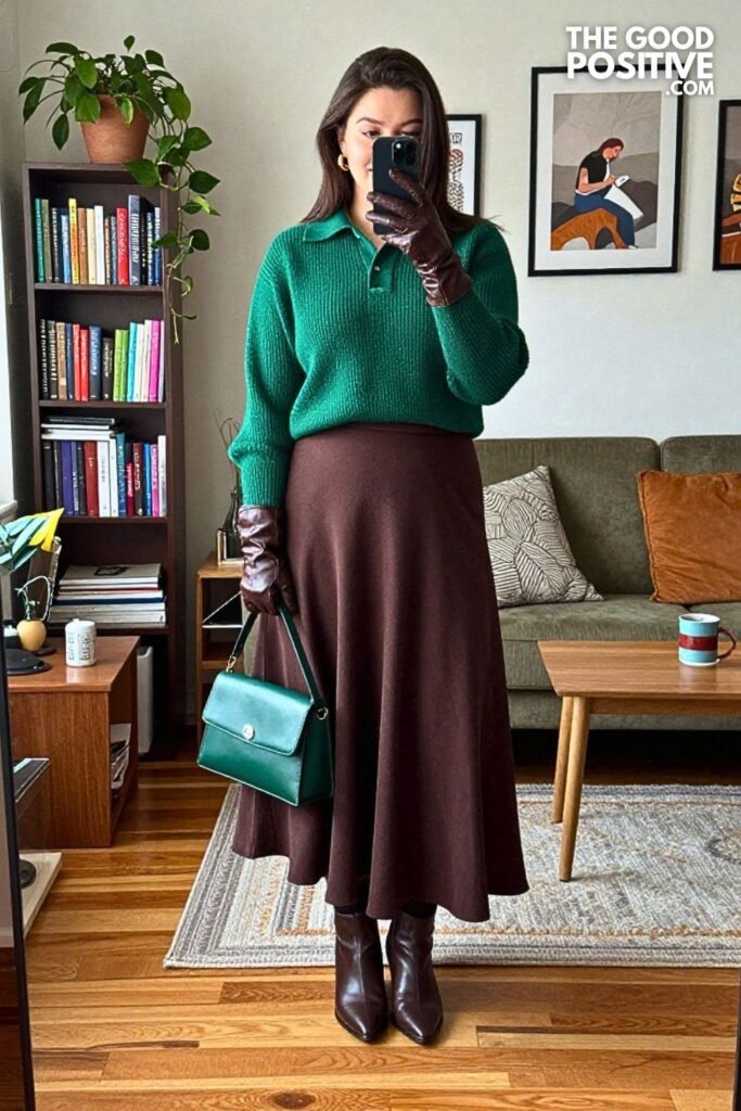 Emerald Knit Polo with Chocolate Maxi Skirt