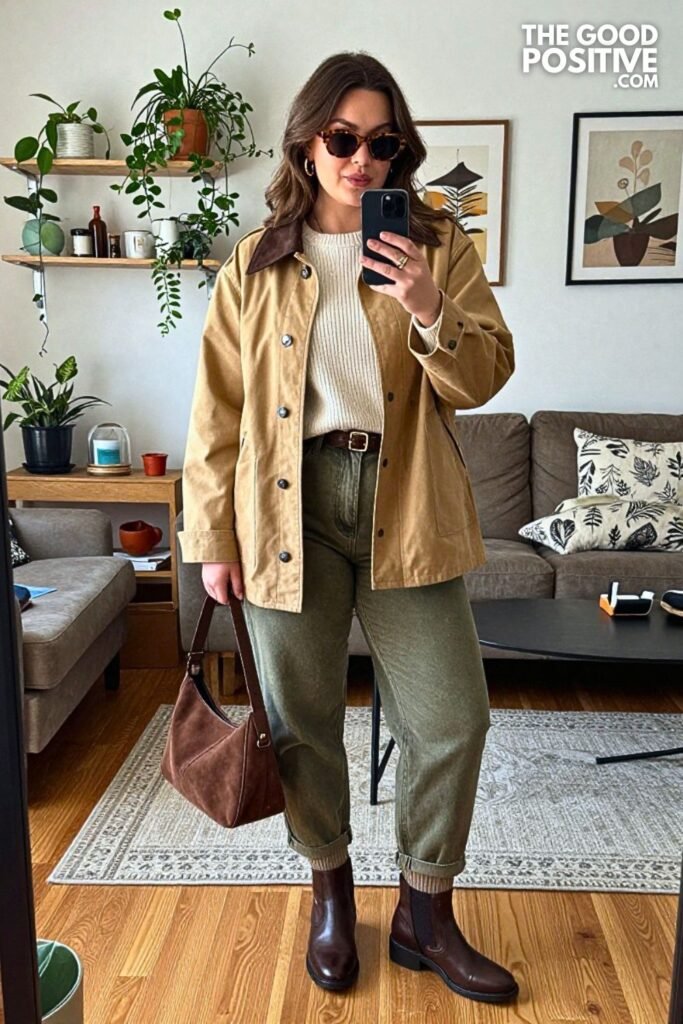 Espresso Barn Jacket with Olive Barrel Jeans