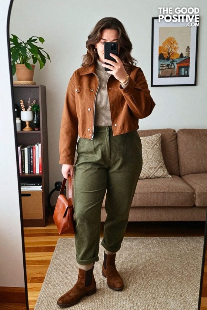 Espresso Barn Jacket with Olive Barrel Pants and Suede Chelsea Boots