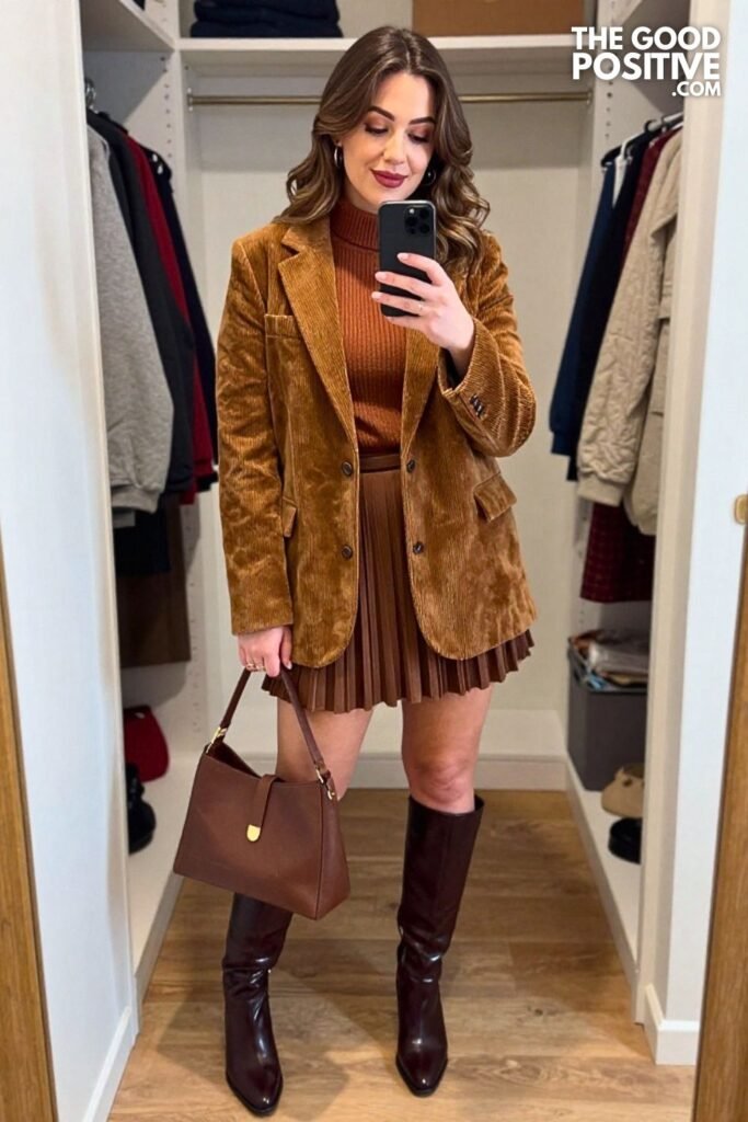 Espresso Corduroy Blazer With Moss Pleated Midi Skirt