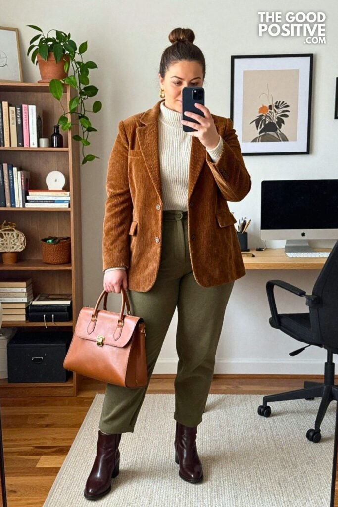 Espresso Corduroy Blazer with Olive Barrel Trousers
