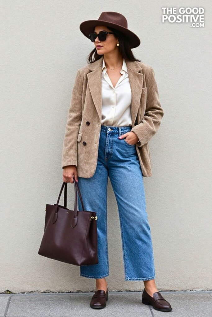 Espresso Corduroy Blazer with Stone Wide-Leg Jeans