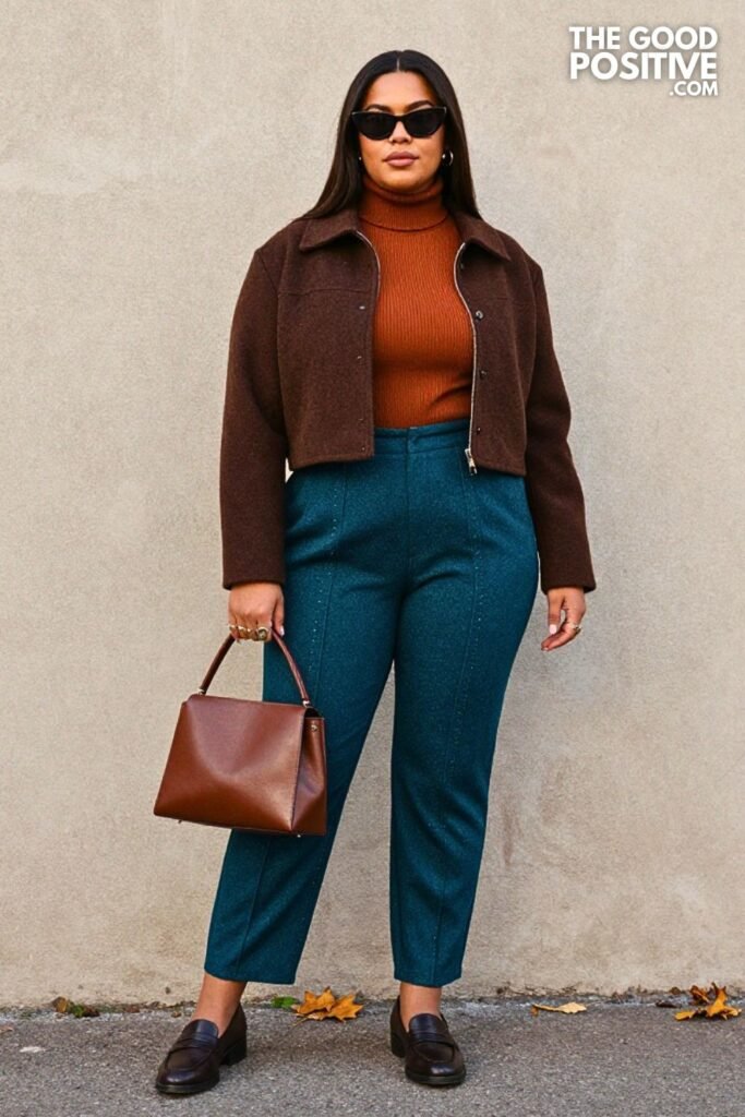 Espresso Cropped Wool Jacket With Deep Teal Pintuck Trousers
