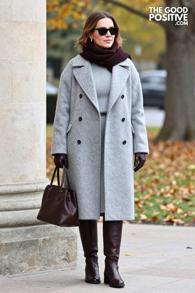 Espresso Double-Breasted Coat with Heather Gray Knit Set