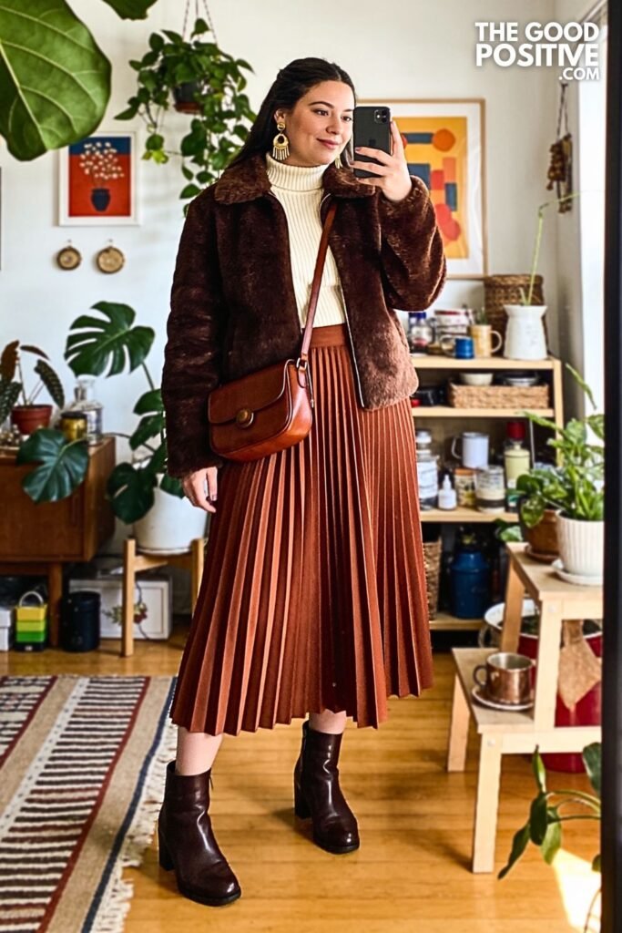 Espresso Faux Shearling Jacket with Copper Pleated Midi Skirt