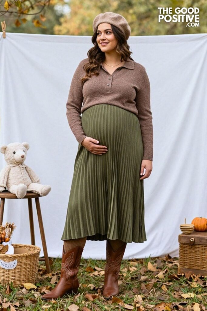 Espresso Knit Polo with Pleated Maxi Skirt and Western Ankle Boots