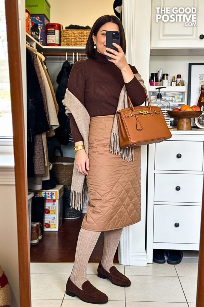 Espresso Mock-Neck Top with Quilted Midi Skirt
