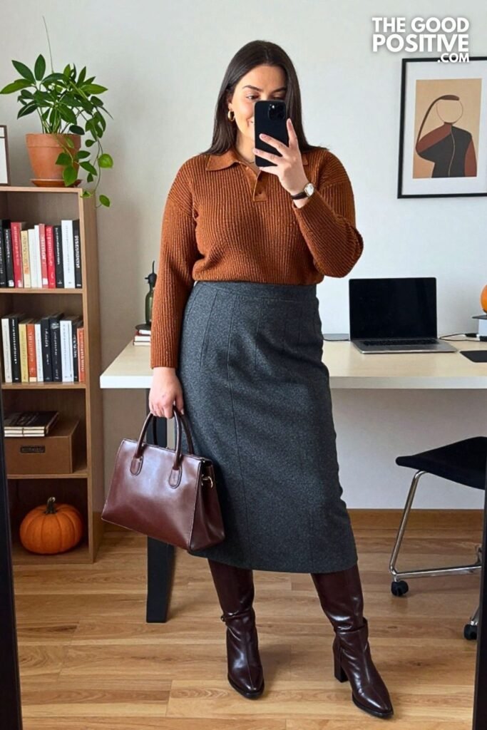 Espresso Ribbed Polo Sweater with Pleated Midi Skirt and Tall Leather Boots