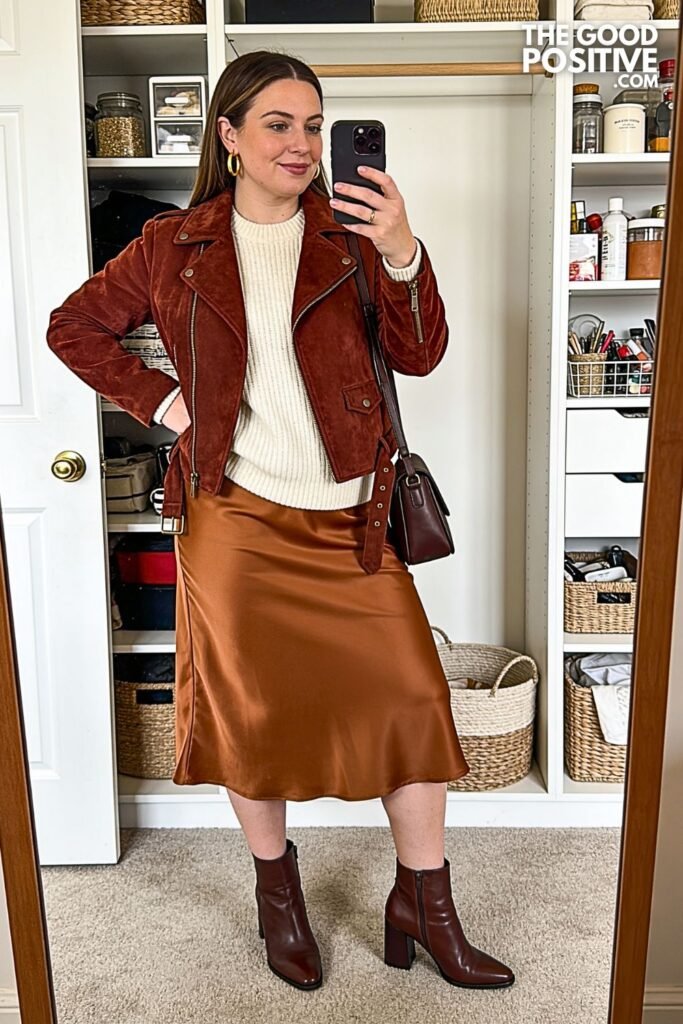 Espresso Suede Jacket with Caramel Satin Midi Skirt