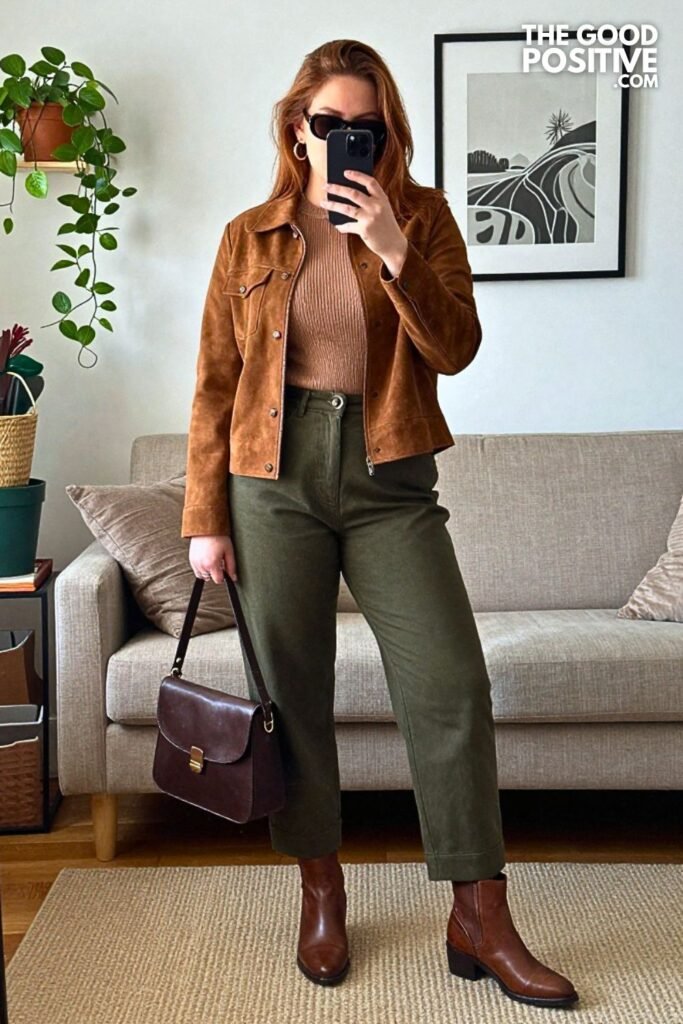 Espresso Suede Jacket with Olive Barrel Trousers