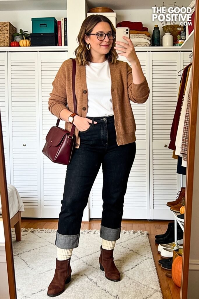 Espresso Wool Blazer with Olive Barrel Trousers and Tall Leather Boots
