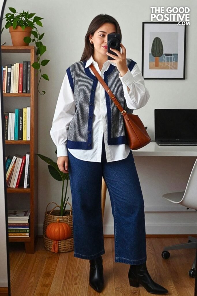 Fine Stripe Knit Vest with Wide-Leg Jeans and Pointed Ankle Boots