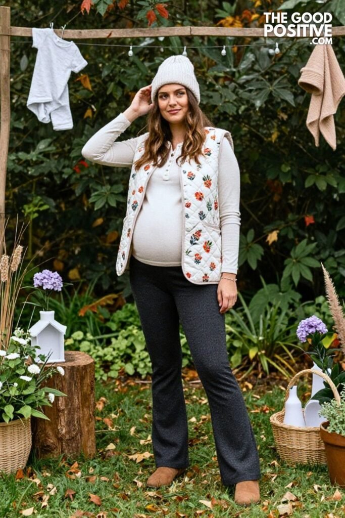 Floral Quilted Vest with Thermal Henley and Knit Flare Pants