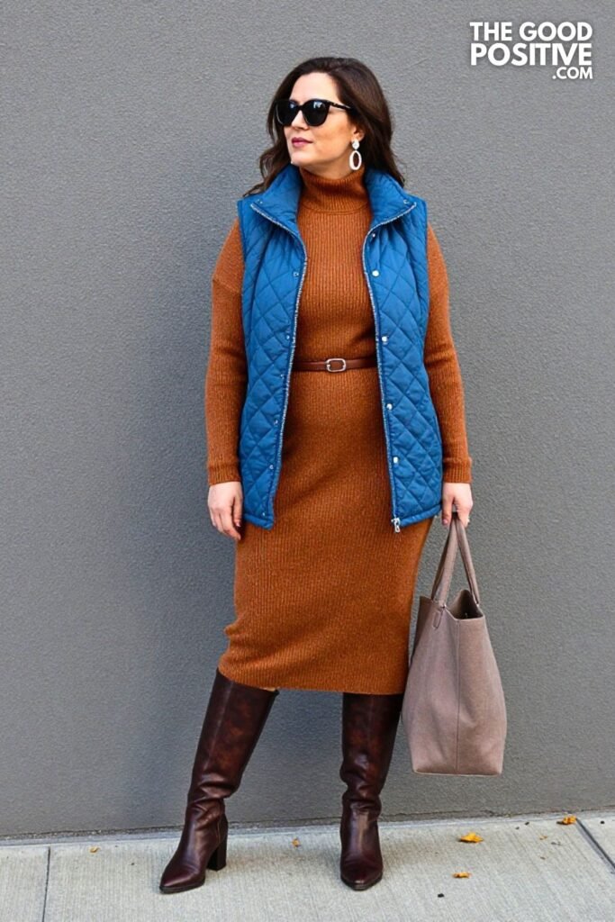 Fog Blue Quilted Vest with Cinnamon Knit Maxi Dress