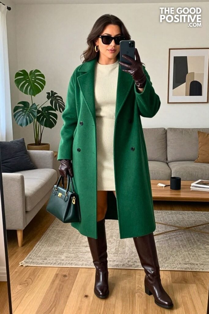 Forest Green Belted Wool Coat with Ivory Knit Dress and Tall Leather Boots