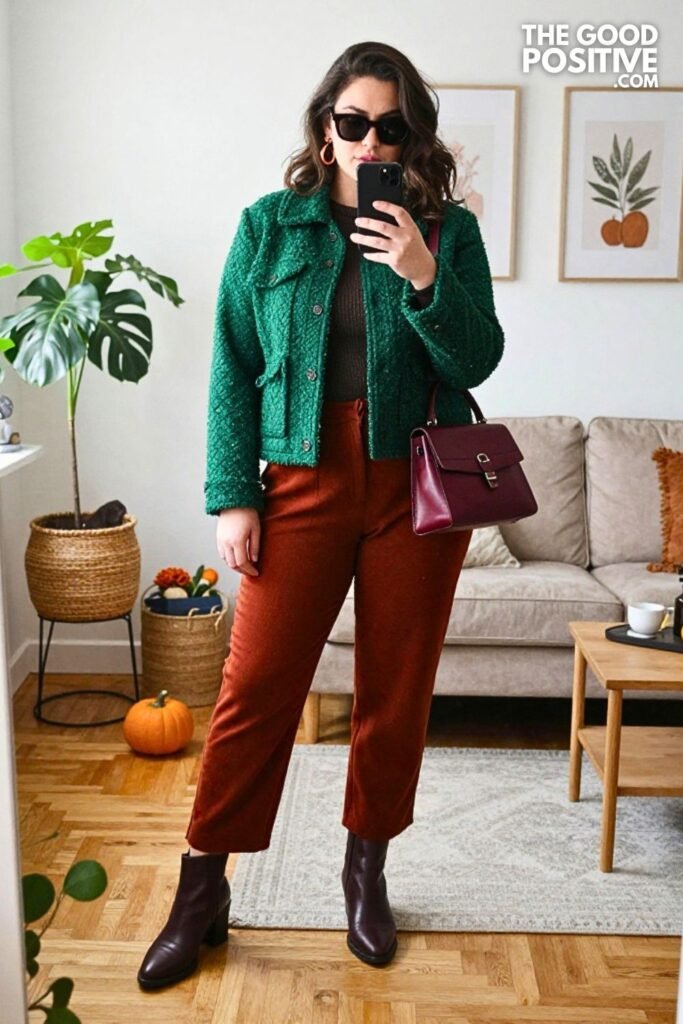 Forest Green Bouclé Jacket with Rust Palazzo Trousers