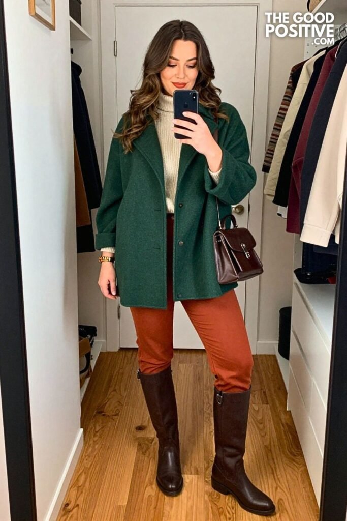 Forest Green Cape Jacket With Rust Straight-Leg Jeans