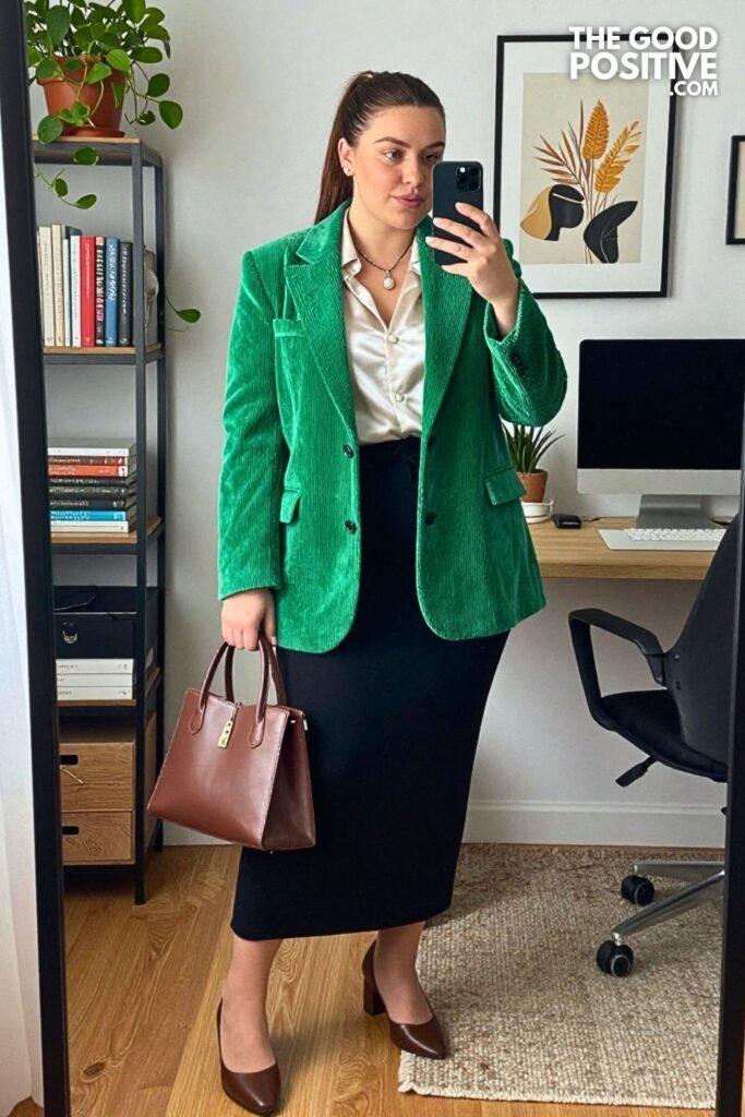 Forest Green Corduroy Blazer with Satin Blouse and Column Skirt