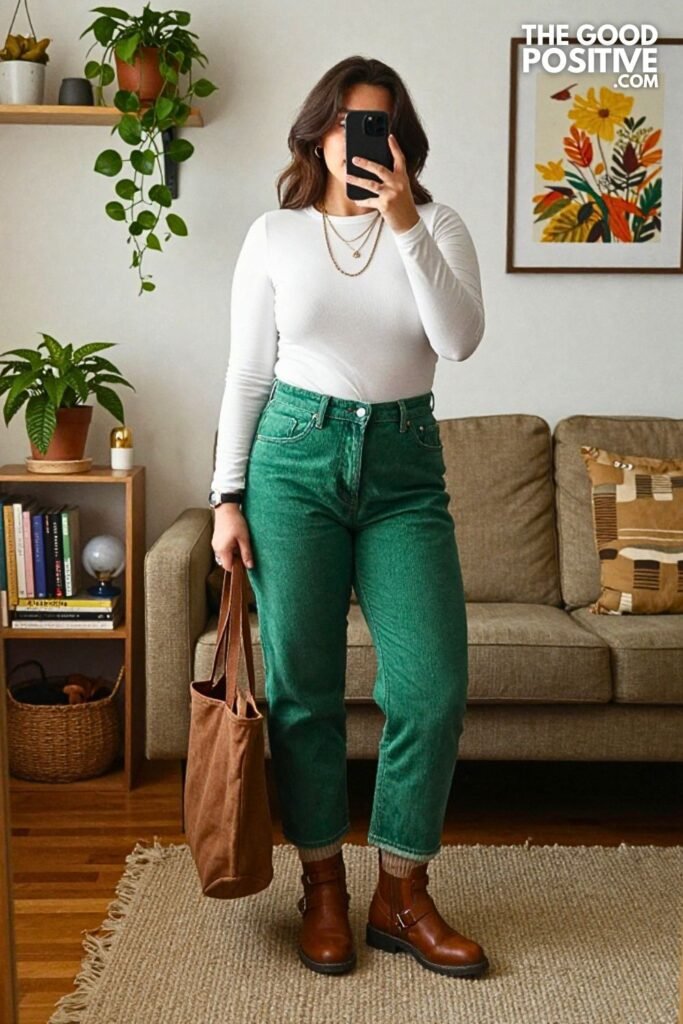 Forest Green Corduroy Shirt Dress over Straight Jeans with Harness Boots