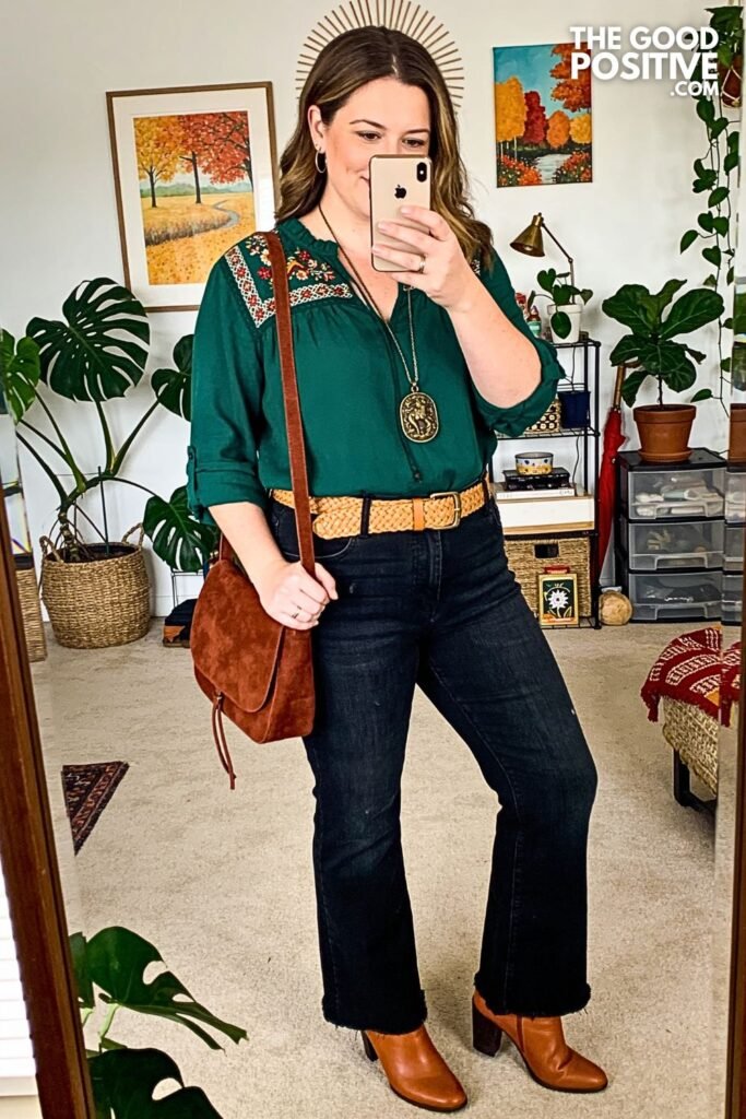 Forest Green Embroidered Blouse with Dark Wash Flared Jeans