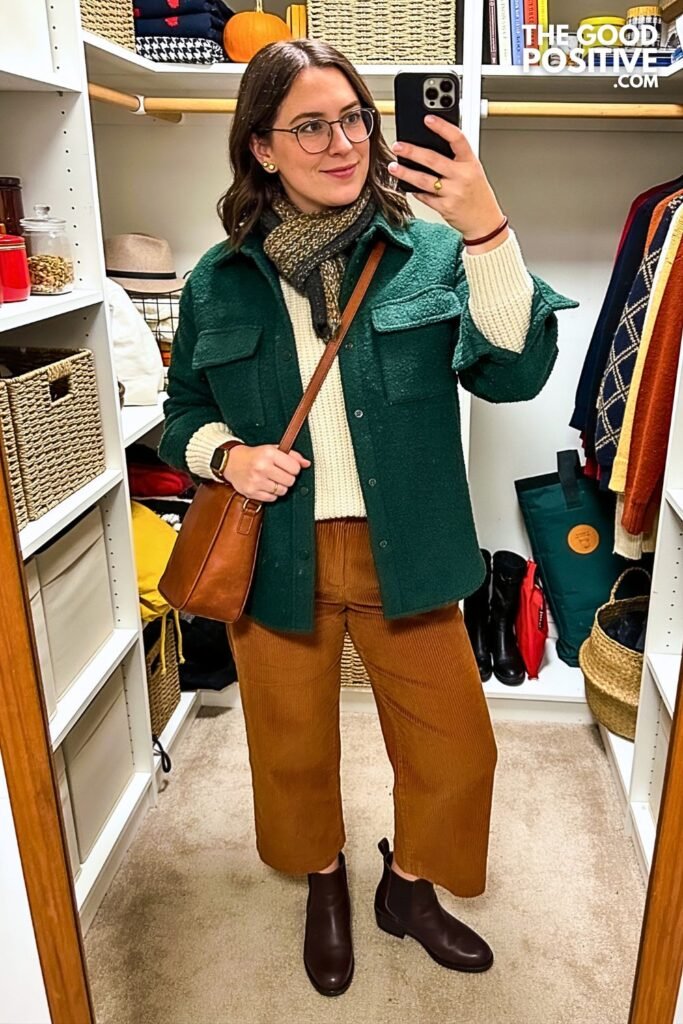 Forest Green Shacket with Wide-Leg Corduroy Pants