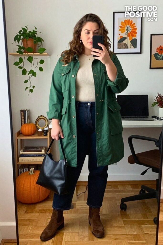 Forest Green Utility Jacket with Straight Dark Jeans