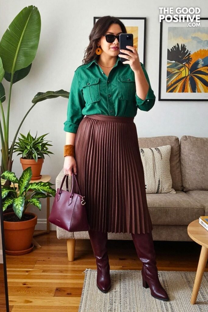 Forest Green Utility Shirt with Chocolate Pleated Midi Skirt