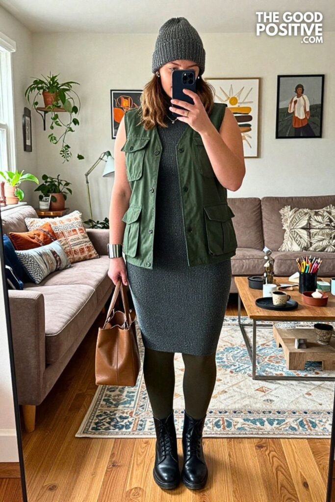 Forest Utility Vest over Knit Dress