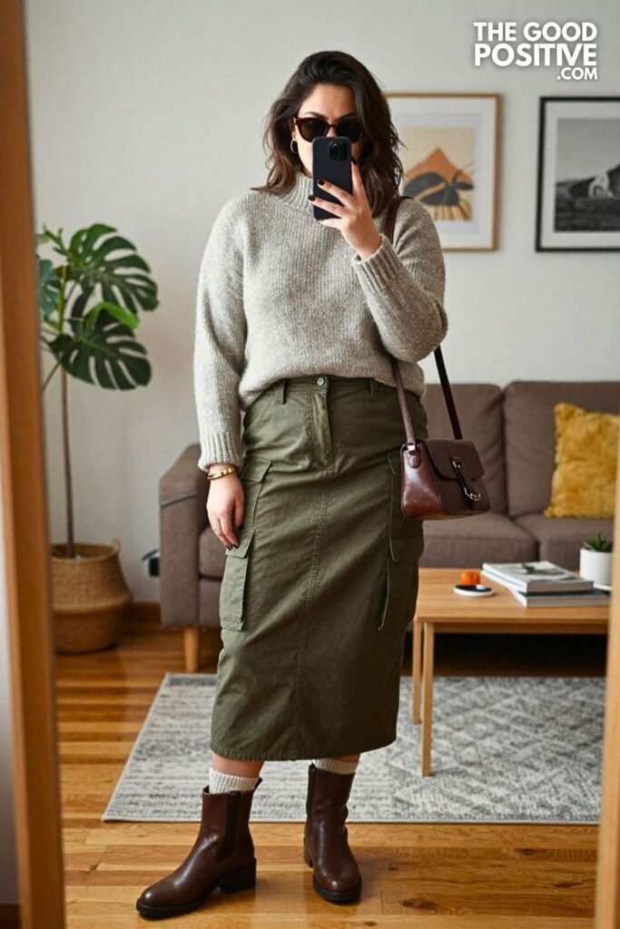 Funnel Neck Sweater With Cargo Midi Skirt
