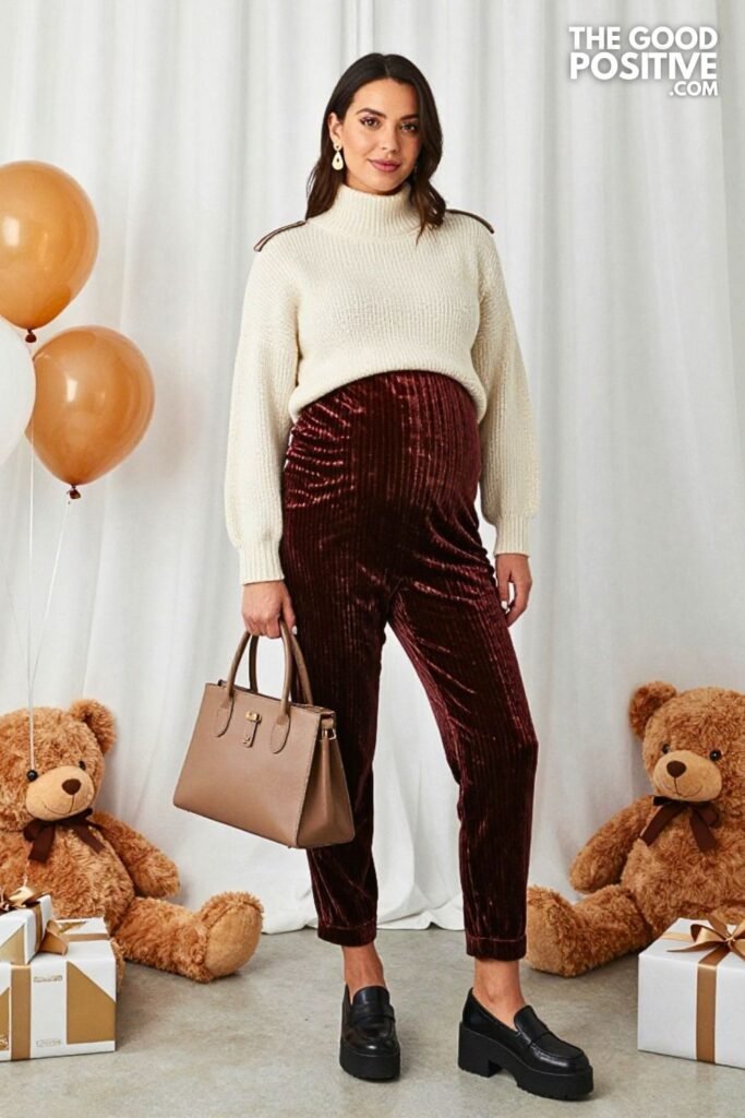 Funnel Neck Sweater with Velvet Maternity Trousers and Platform Loafers