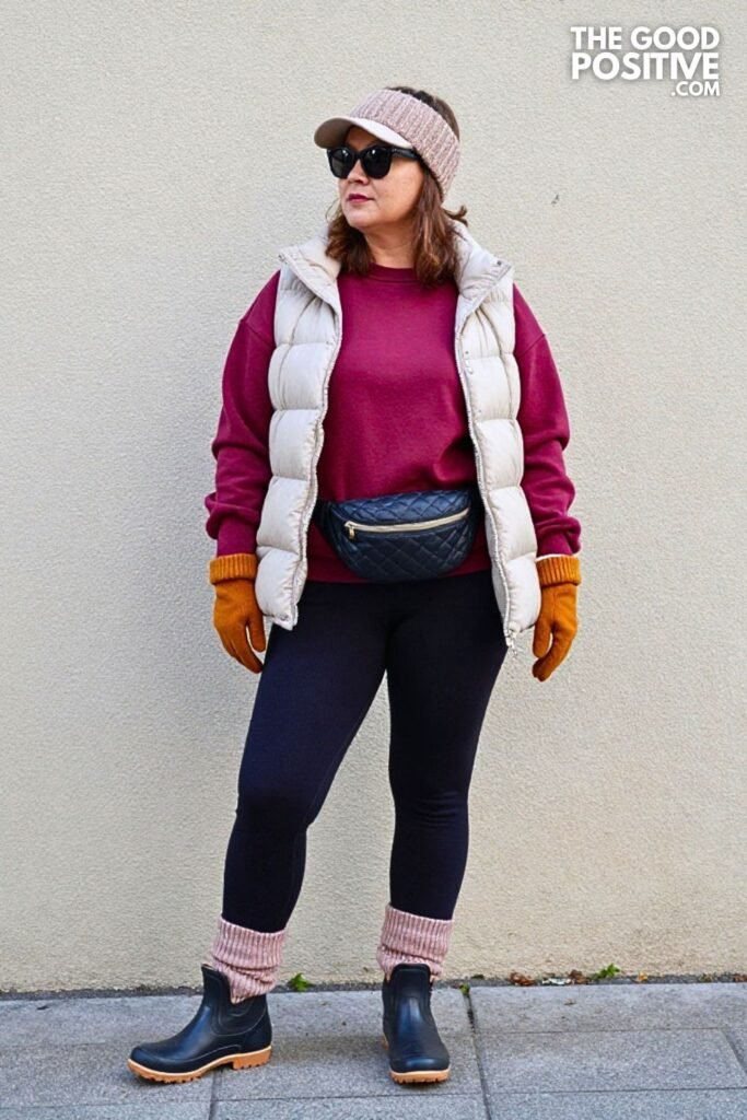 Funnel Neck Sweatshirt with Ponte Leggings and Duck Boots