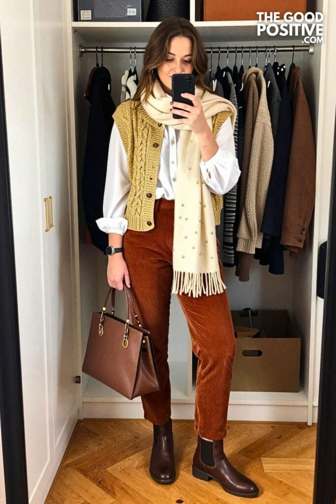 Golden Cable Vest with Rust Corduroy Trousers