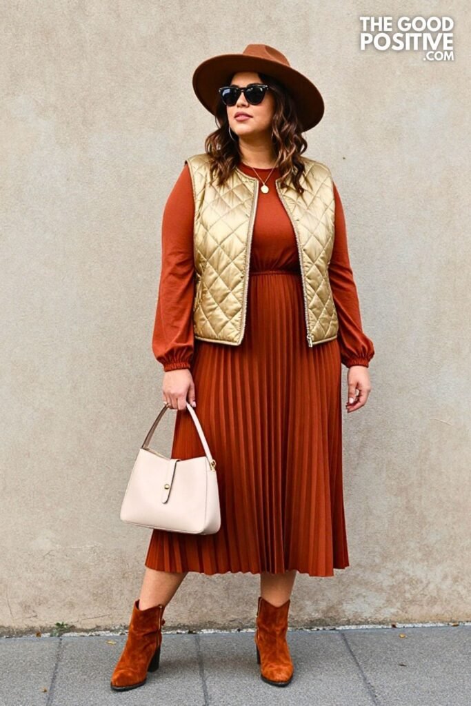 Golden Olive Barn Vest with Rust Pleated Maxi Dress