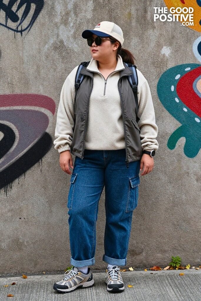 Half Zip Fleece with Straight Leg Cargo Jeans and Trail Sneakers