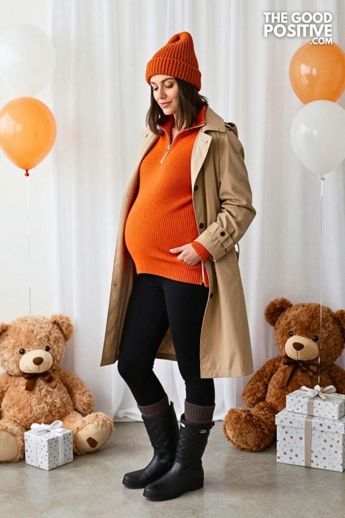 Half-Zip Knit Sweater with Ponte Leggings and Quilted Rain Boots