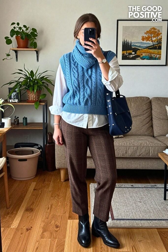 Heather Blue Cable Vest with Plaid Trousers