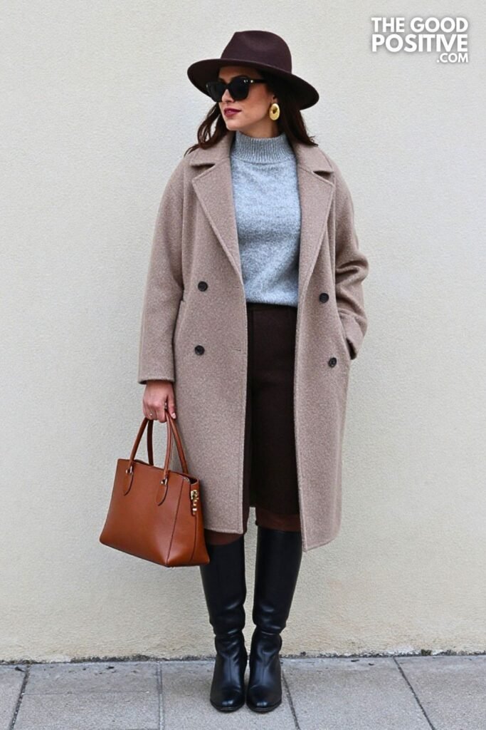Heather Gray Funnel-Neck Sweater with Dark Chocolate Wool Culottes