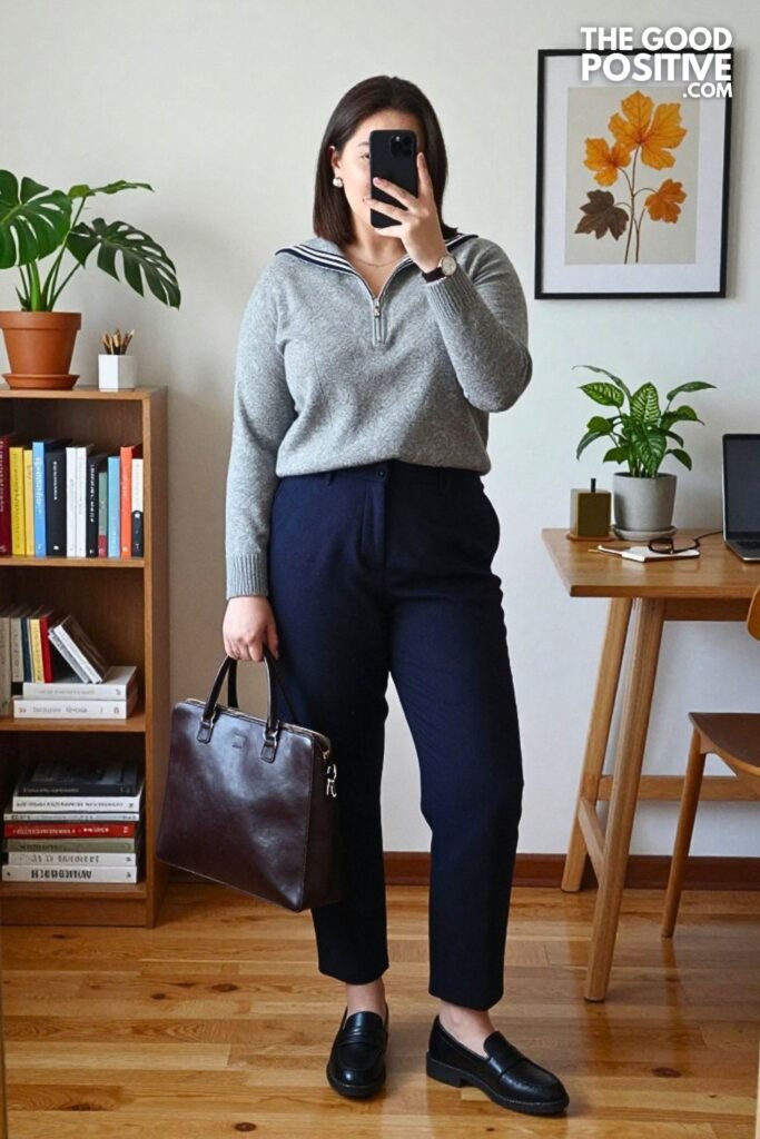 Heather Gray Half-Zip Knit with Wool Sailor Trousers and Lug Sole Loafers