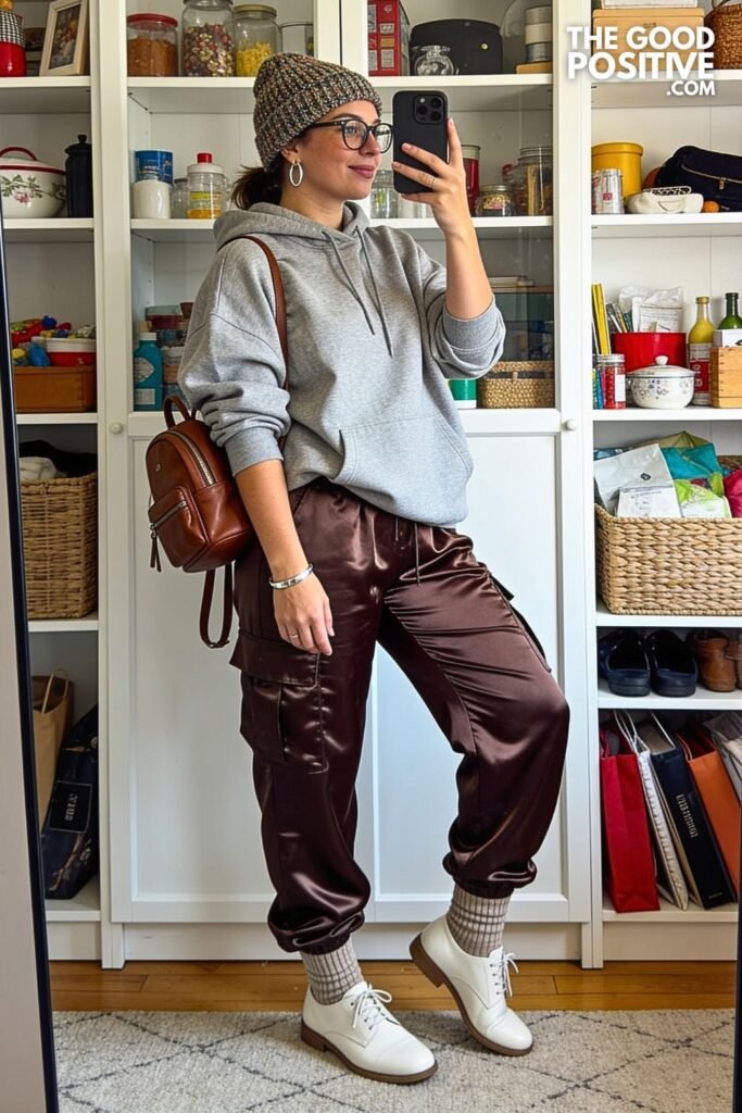 Heather Gray Hoodie with Satin Cargo Trousers