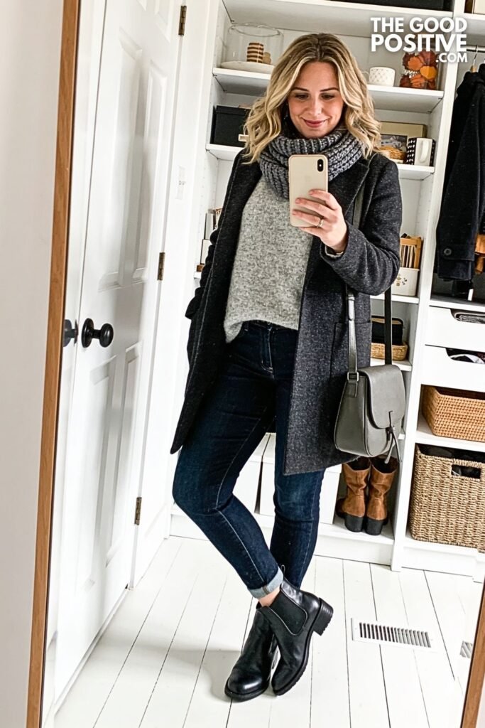 Heather Gray Mohair Sweater With Dark Indigo Horseshoe Jeans